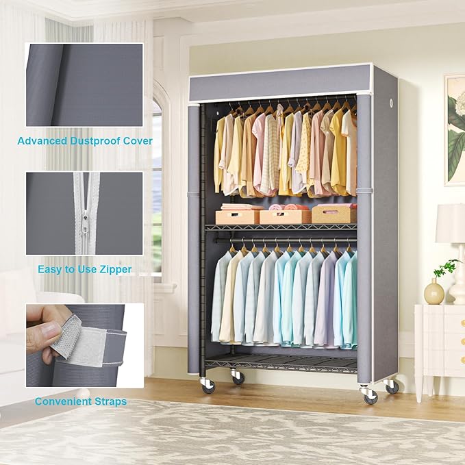 FUTASSI Black Clothing Rack with Grey Cover, P1C Rolling Closets | Metal Garment Rack for Hanging Clothes, Clothing Storage Wardrobe, with Wheels