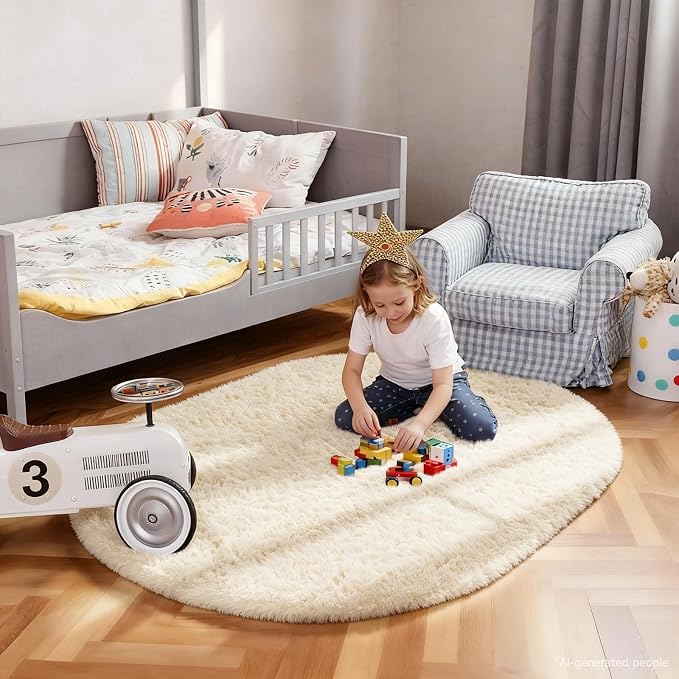 Ophanie 3x5 Oval Ivory Rugs for Bedroom Living Room,Fluffy Fuzzy Furry Carpet,Plush Soft Shaggy Indoor Floor Area Rug for Kids Girls Boys Baby Teen Dorm Decor with Over 99 pcs Pile fibers