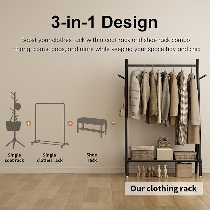 Muwuele Solid Wood Clothing Rack, Rolling Clothes Rack for Hanging Clothes, Garment Rack with Shelves Load 350 Lbs, Portable Closet Organizer on Wheels for Hanging Clothes (Black)