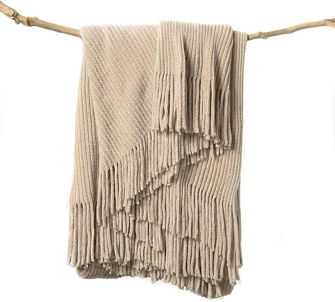 lifein Throw Blanket for Couch, Soft Boho Decor Bed Throw,Cozy Beige Knitted Chenille Small Farmhouse Lightweight Throw (Beige,60 * 80")