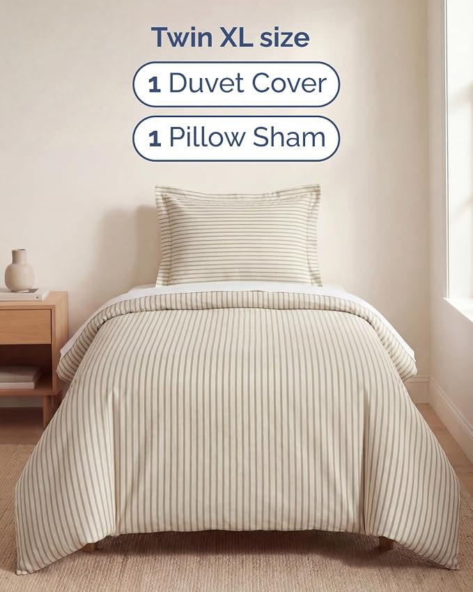Duvet Cover Twin/Twin XL - 2 Piece with Zipper Closure - Beige Stripes | Extra Soft, Breathable, Twin/Twin XL Duvet Cover 68" x 90" w/ 1 Pillow Sham, Zipper Closures & Ties, Women, Men, Kids & Teens