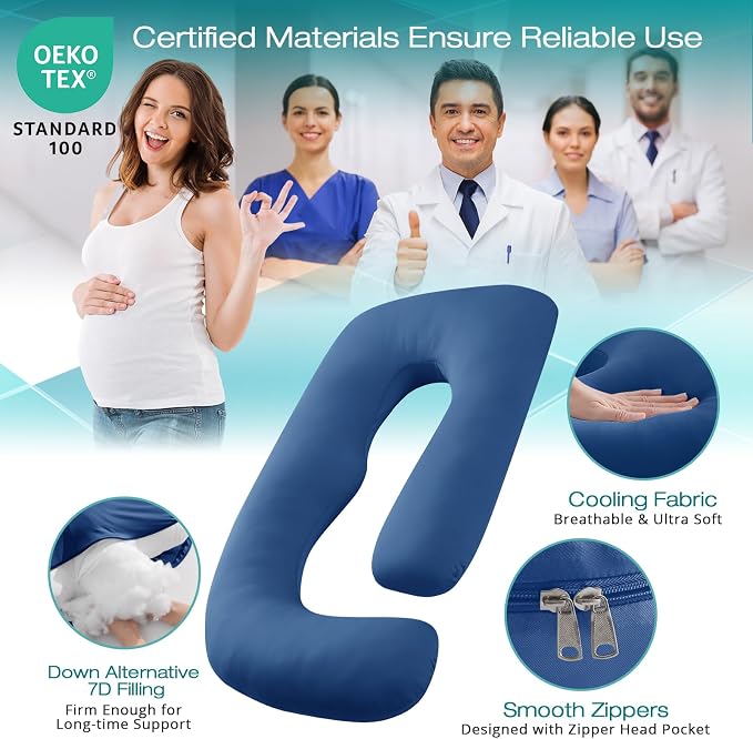 Sasttie Cooling Pregnancy Pillows for Sleeping, 65'' Full Body Pillow, Navy | Sasttie Maternity Pillow, OEKO-TEX, Down Alternative, Removable Cover, Pregnant Women Must Haves, Maternity Essential