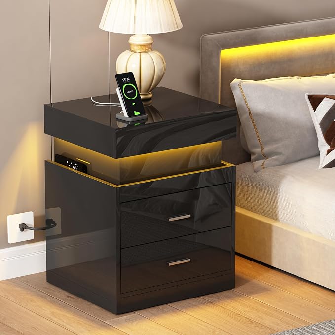ChooChoo LED Nightstand Set of 2,Smart Night Standwith Charging Station and Sliding Top Storage, Black | Sliding Top Storage, 2-Drawers, High Gloss Bedside Table, Modern End Table, Bedroom, White