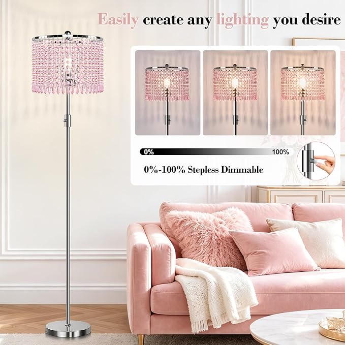 【Upgraded】 Dimmable Crystal Floor Lamps for Living Room with Chandelier Lampshade, Standing Lamp with Knob Switch, Tall Pink Floor Lamp for Girl Bedroom, Dresser, Office
