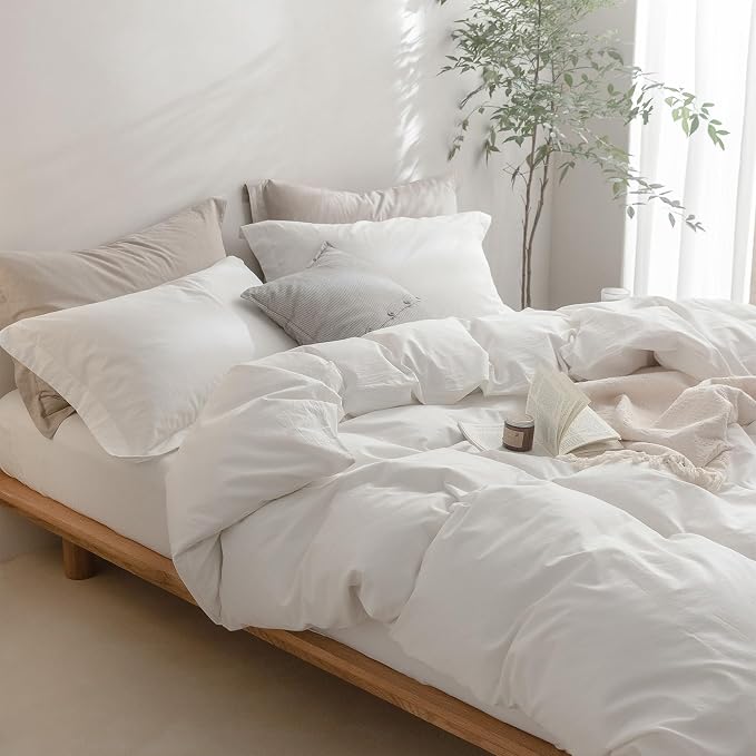 BDEAR 3Pcs Off White Duvet Cover Set Queen Size 90" L x 90" W, Oeko TEX | 100% Washed Cotton, 1 Duvet Cover with 2 Pillowcases, Zipper Closure, 8 Corner Ties,Linen-Liked Texture, Skin Friendly