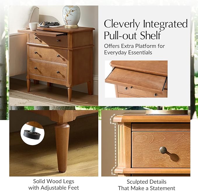 HULALA HOME 30 Inches Side Table with Charging Station, Teak | Spindle Legs, Hidden Drawer, Pull-Out Tray, Built-In Outlet, Chamfered Edges, Adjustable Feet, Transitional Style