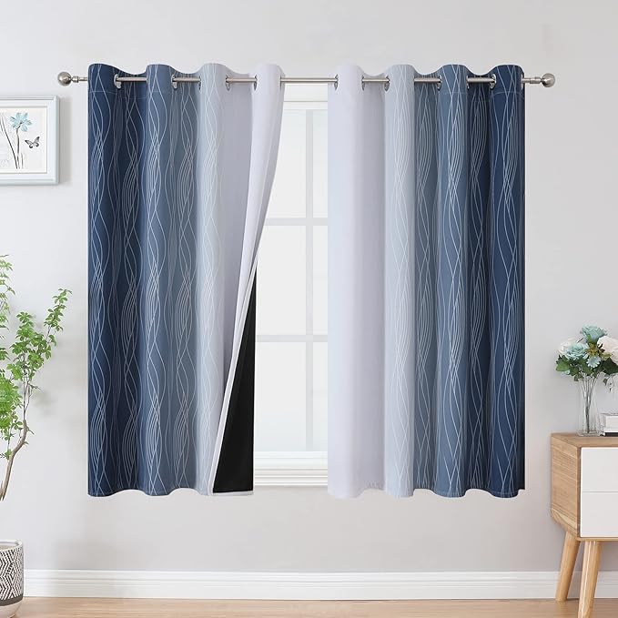 Navy Blue and Greyish White Blackout Curtains for Bedroom 45 Inch Length | Estelar Textiler Ombre Room Darkening Curtains, Light Blocking,Thermal Insulated Grommet Short Window Drapes,52Wx45L,2 Panels