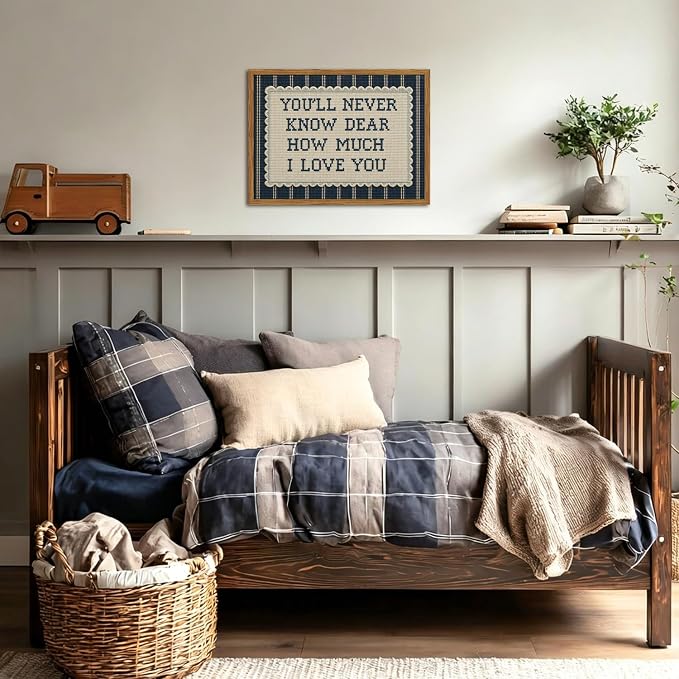 Framed You'll Never Know Dear How Much I Love You Wall Art, Vintage Nursery Blue Striped Pictures Wall Decor, Inspirational Quote Paintings Canvas Prints for Baby Boy Bedroom Living Room 12x16 inch