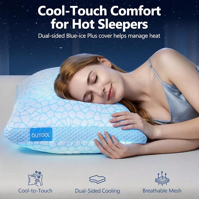 QUTOOL Enhanced Cooling Pillows for Sleeping, CertiPUR-US Shredded Memory Foam Pillows Standard Size Set of 1 for Hot Sleeper, Adjustable Pillow for Side, Back, Stomach Sleepers Support Yet Soft, Blue