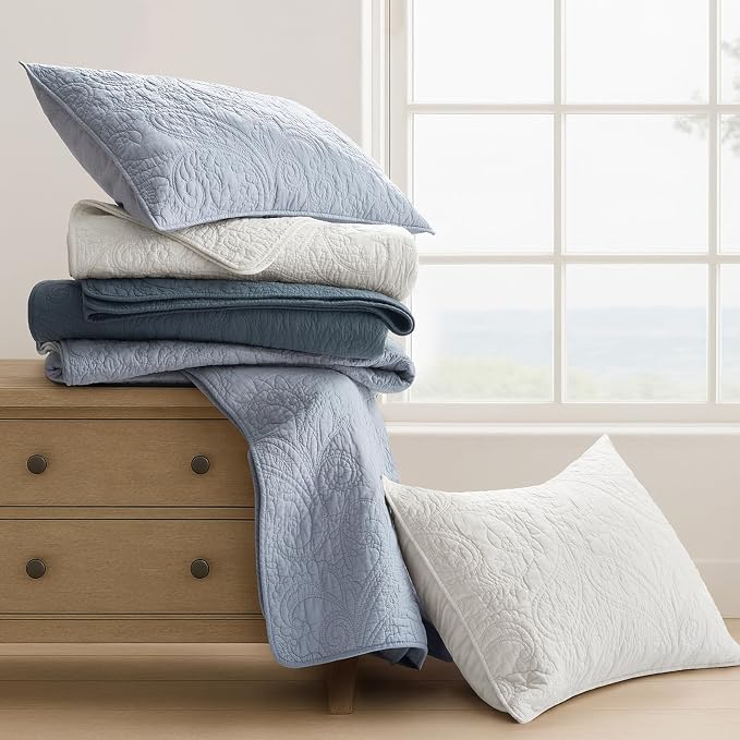 EVERGRACEHOME 100% Cotton Paisley Quilt Set, Queen Size, Pearl Blue | Prewashed for Softness, Year-Round Breathability, Gift-Ready Box, Matelasse-style Quilted Coverlet, 3 Piece Set with 2 Shams