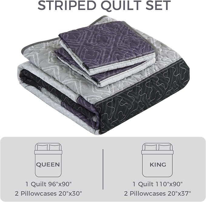 Cottolester Boho King Size Quilt Set,Black Purple Striped Bedsperads Set | Modern Boho Style,Striped Plaid Design,Ultra Soft Lightweight Microfiber Quilted Bedding Sets for All Seasons 110"x90"