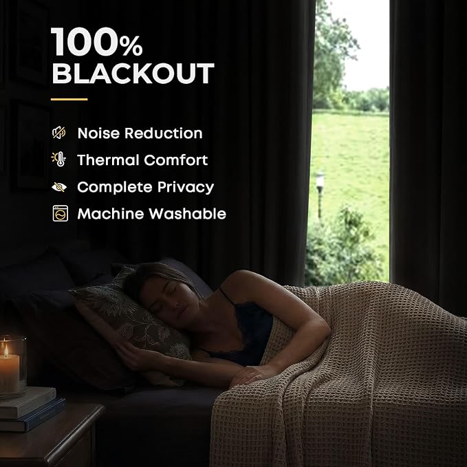 INOVADAY 100% Blackout Curtains for Bedroom Black Out Curtains 84 Inch Long | Loden Green Curtains for Living Room 2 Panel, Clip Rings Linen Look Blackout Drapes, Thermal Insulated Room Darkening,W50xL84