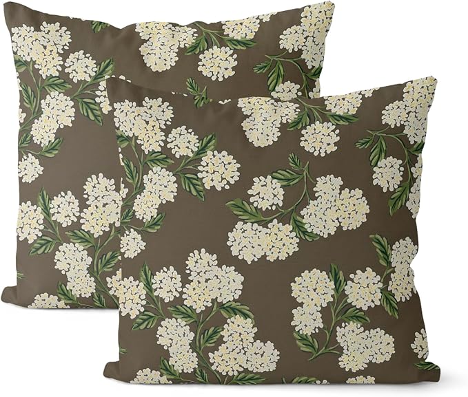 Brown Spring Pillow Covers 16x16 Inch 2 Pcs Green Yellow Hydrangea Flower Decor Throw Pillows Vintage Floral Seasonal Summer Outdoor Decoration Pillowcase Linen Cushion Cover for Couch Sofa
