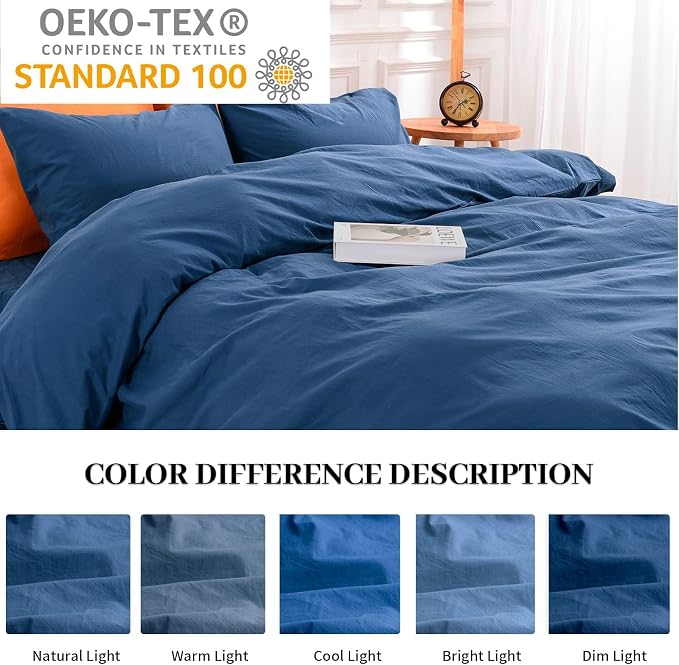 NEXHOME PRO 100% Washed Cotton Duvet Cover Super King 108"x98", Organic Natural Linen Look Textured 3 Pieces Bedding Set Royal Navy Klein Blue Breathable (No Comforter)