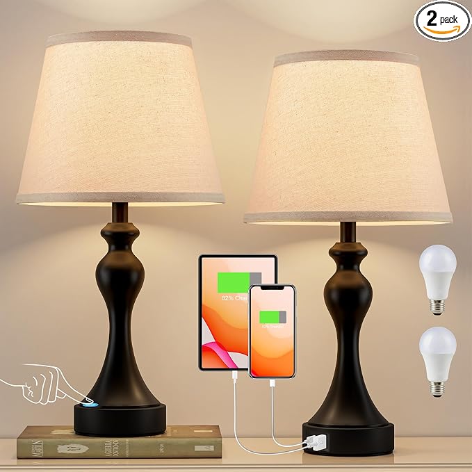 Touch Lamps for Nightstand, 3 Way Dimmable Bedside Lamps with USB C+A Ports | Touch Control, LED Bulb Included, Small Black Table Lamp for Bedroom, Night Stands, End Table, Gift，Corded