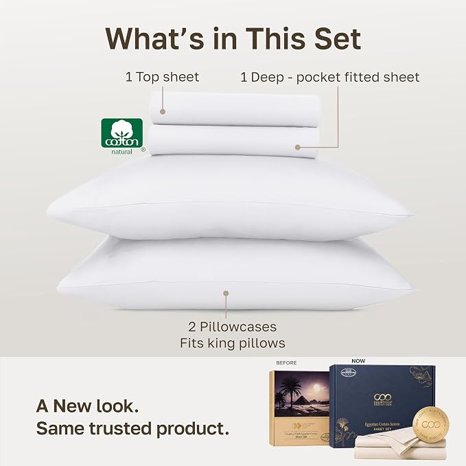 California Design Den 100% Egyptian Cotton California King Sheets Set | Backed by Good Housekeeping Seal, Light & Airy Soft Sateen, 16" Deep Pocket, All-Around Elastic, 4pc Set - Bright White