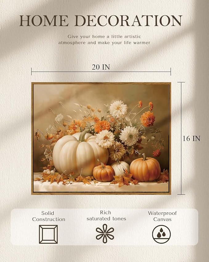 Vintage Thanksgiving Canvas Print White Orange Pumpkins Autumn Floral Leaves, Rustic Framed Fall Pumpkin Flower Still Life Wall Art 16x20, Harvest Farmhouse Kitchen Entryway Decor