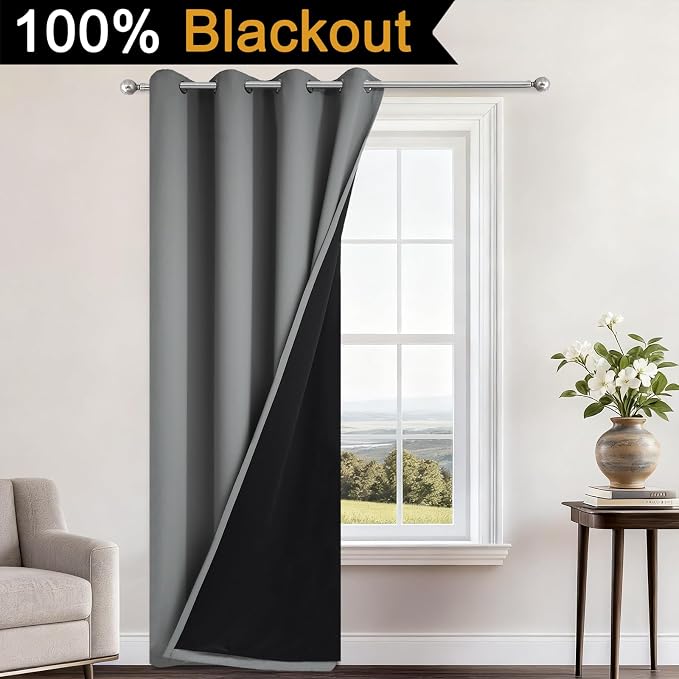Yakamok Grey Blackout Curtains 96 Inches Long for Bedroom 52" Wide 1 Panel | Blackout Curtain Panels for Bedroom, 2 Thick Layers Grommet Top Thermal Insulated Drapes with Black Liner for Living Room