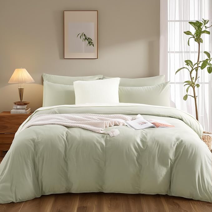 NEXHOME PRO King Duvet Cover Set – 100% Certified Organic Cotton with Washed Feel & Linen-Like Texture, Comfortable & Breathable, Home Bedding Set Sage Green (No Comforter)