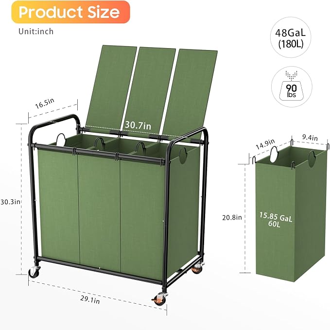 180L Laundry Sorter 3 Section, Rolling Laundry Basket with Wheels and Lid | 47.55 Gal Laundry Hamper, 3 Separated Removable Bags, Lockable Wheels, Dirty Clothes Hamper for Laundry Room Organizer, Green
