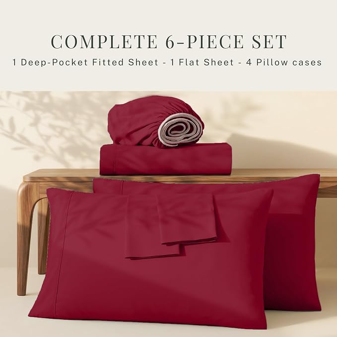 Hearth & Harbor Extra Deep Pocket Sheets - Fits Mattress 18-24 Inches Deep - Extra Deep Pocket Split King Size Sets - 7 Piece Split King Size - Burgundy