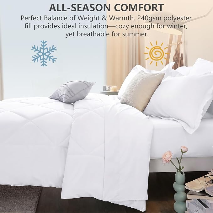Full Size Comforter Sets White - 7 Pieces Complete Bedding Set | OEKO-TEX Certified, All Season, 240GSM Down-Alternative Comforter, Sheets, Pillowcases & Shams, 14" Deep Pocket, Easy Care