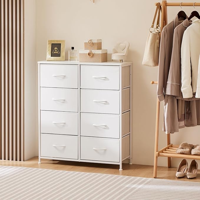 OLIXIS 8 Drawer Storage Dresser for Bedroom, White Closet Organizers Units | Fabric Dresser with Wooden Top, Chest of Drawers Clothes Storage, Tower Cabinet for Living Room, TV Stand Furniture