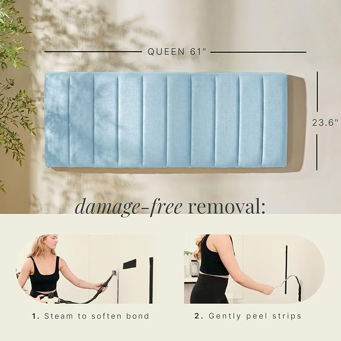 Hearth & Harbor Wall Mounted Queen Headboard Only, Bed Headboard Queen Size | Easy Assemble, Floating Peel and Stick, Upholstered, Channel Stitched, 3D Wall Panels, 5 Strips of 3M Tape Included, Ice Blue