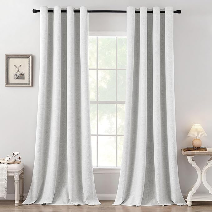 MIULEE 100% Blackout Linen Curtains for Bedroom 52x108 Heathered White | Room Darkening, Light Blocking, Thermal Insulated, Grommet Top, Linen Textured, Window Curtains for Living Room, 2 Panels