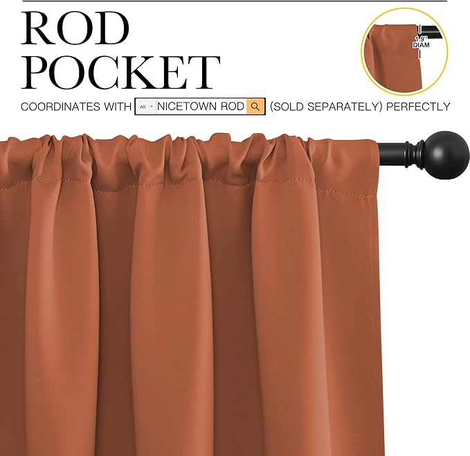 NICETOWN Blackout Curtains and Drapes - Thermal Insulated Solid Rod Pocket Blackout Draperies/Panels for Living Room, Bedroom (Burnt Orange, 1 Pair, 62 by 63 inches)