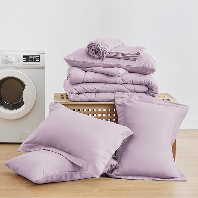 Love's cabin Queen Comforter Set Light Purple, 7 Pieces Queen Bed in a Bag, All Season Bedding Sets with 1 Comforter, 1 Flat Sheet, 1 Fitted Sheet, 2 Pillowcase and 2 Pillow Sham
