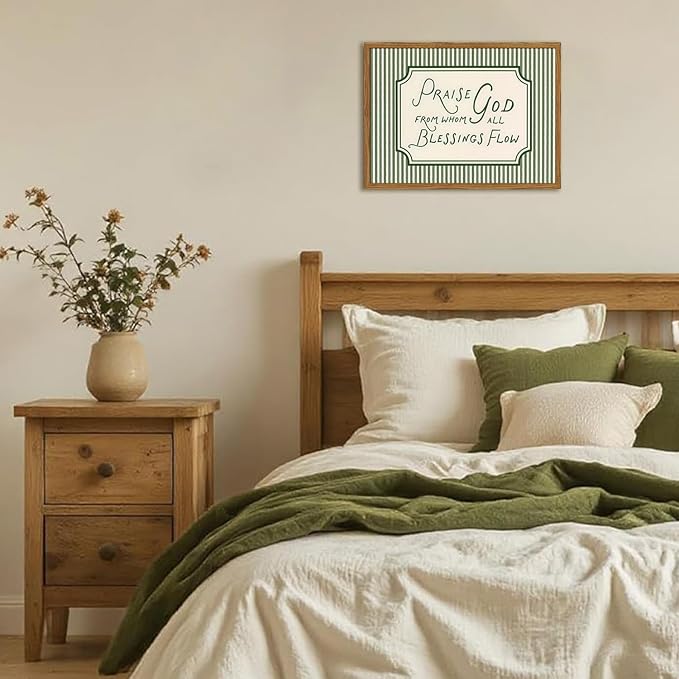 Framed Christian Scripture Wall Art, Bible Verse Pictures Wall Decor, Sage Green Striped Praise God From Whom All Blessings Flow Paintings Canvas Prints Religious Home Decor for Living Room 16x24 inch