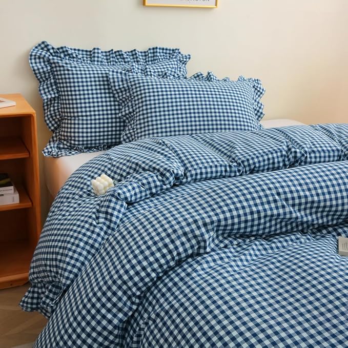 Silnuo Navy Blue/White Gingham Ruffle 3-Piece Duvet Cover Set Full Size | 100% Washed Cotton Shabby Plaid Checkered Bedding Set Vintage Comforter Cover Set