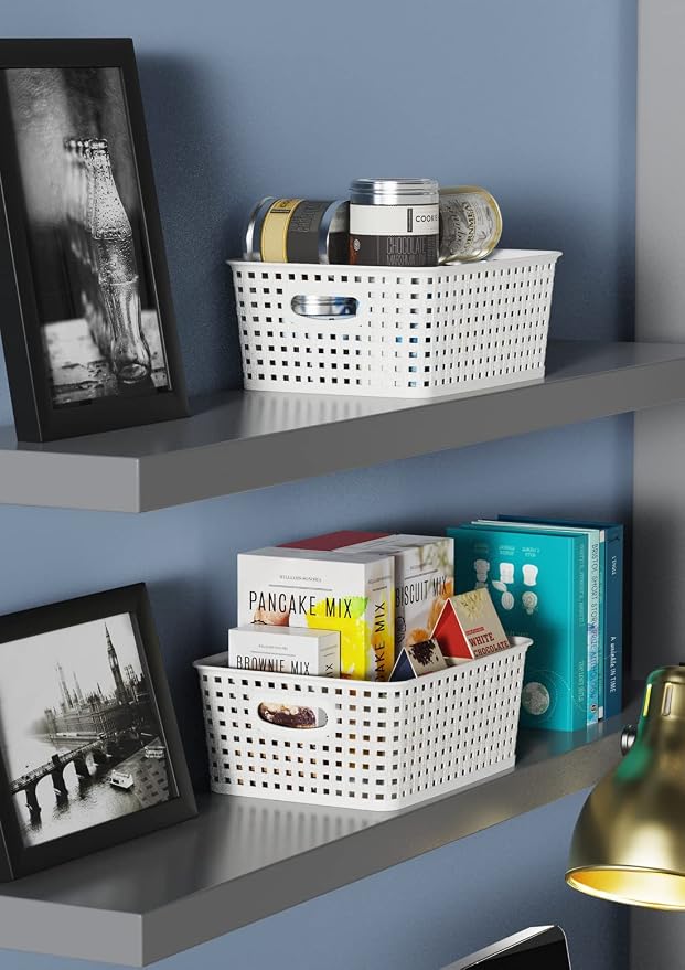 WYT Woven Plastic Storage Baskets, 6 Pack White Weave Bins Organizer, 10.1" x 7.55" x 4.1"