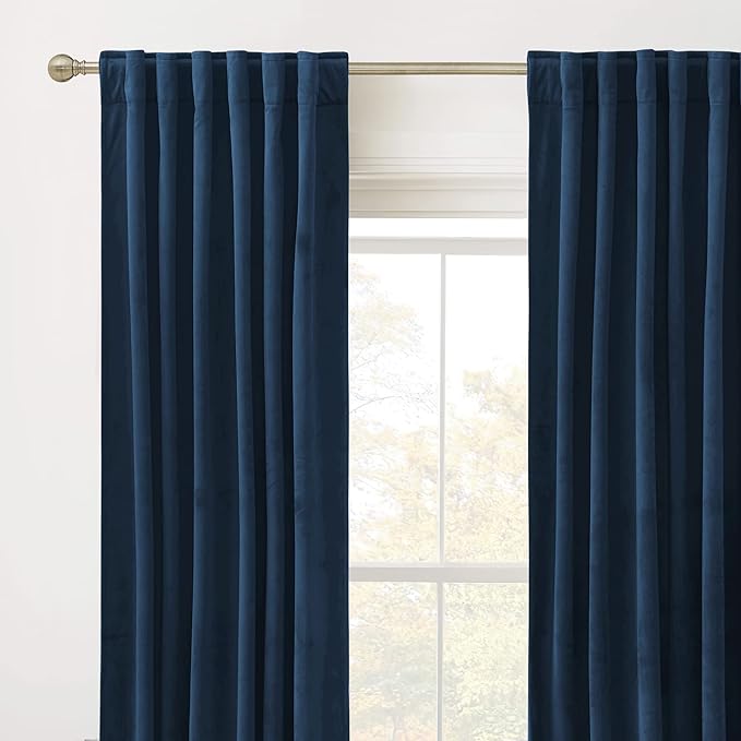 RYB HOME Velvet Curtains 120 inches Long, Extra Long High Ceiling Curtains | Thermal Insulated, Room Darkening, Luxury Decor for Villa Room Large Sliding Patior Door, Navy Blue, W52 x L120, 2 Panels