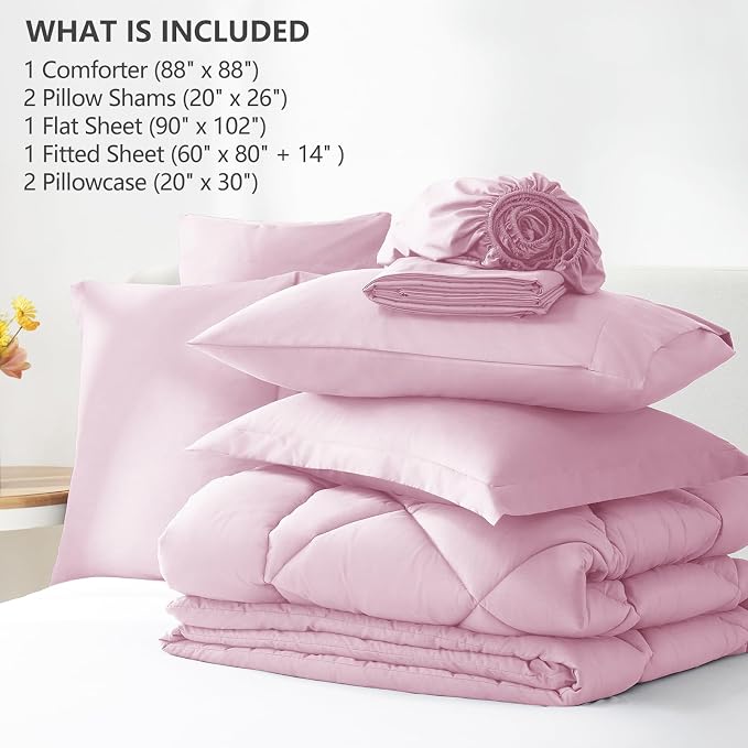 Queen Comforter Set with Sheets Light Pink - 7 Pieces Bed in a Bag | OEKO-TEX Certified, All Season, 240GSM Down-Alternative Comforter, Sheets, Pillowcases & Shams, 14" Deep Pocket, Easy Care