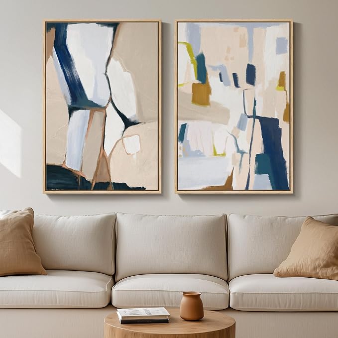 Large Framed Modern Colorful Abstract Wall Art for Living Room, 24x36 In | 2 Piece, Large neutral artwork for walls, Canvas prints, Modern paintings, Bright pictures, Bedroom hallway office wall decor