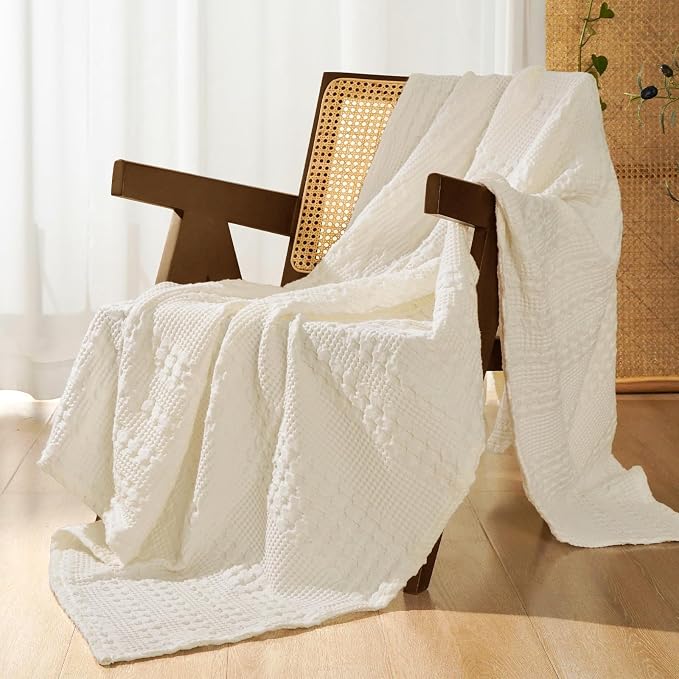PHF Lightweight 100% Cotton Waffle Throw Blanket for Couch, Ivory | Pre-Washed Soft Cotton Comfort, Breathable Layering Warmth for Fall & Winter, Office, Travel, Sofa, Home Decor & Gifts