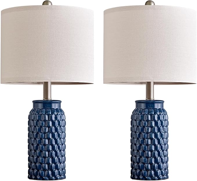 USumkky 20.5 inches Modern Ceramic Dark Blue Bedside Lamp Set of 2 for Bedroom Decor Farmhouse Table Lamp for Living Room Office Dorm