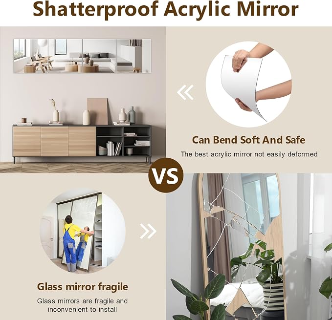 Shiftshade 12 Pack Wall Mirror Full Length, 12 x 12 Inch Acrylic Mirror Tiles, Shatterproof Flexible Plastic Mirror Sheets for Bedroom Home Gym Door