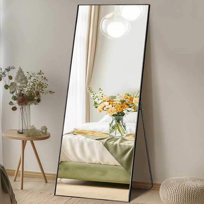 21"x64" Mirror Full Length, Upgraded Body Wall Mirrors | Shatter-Proof Glass, Floor Standing, Hanging or Leaning, Tall Mirror with Stand Aluminum Alloy Frame for Bedroom, Black