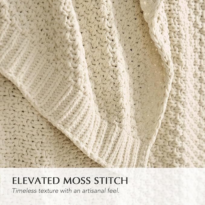 EVERGRACEHOME Chunky Chenille Knit Throw Blanket, 60 x 80, Beige | Sculpted Moss Stitch, Chic Modern Farmhouse, All-Season Warmth, OEKO-TEX® Certified, Elegant Blanket for Couch, Bed, Sofa