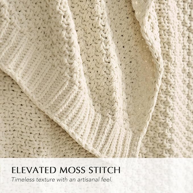 EVERGRACEHOME Chunky Chenille Knit Throw Blanket, 90 x 90, Beige | Sculpted Moss Stitch, Chic Modern Farmhouse, All-Season Warmth, OEKO-TEX® Certified, Oversized Queen for Couch, Bed, Sofa