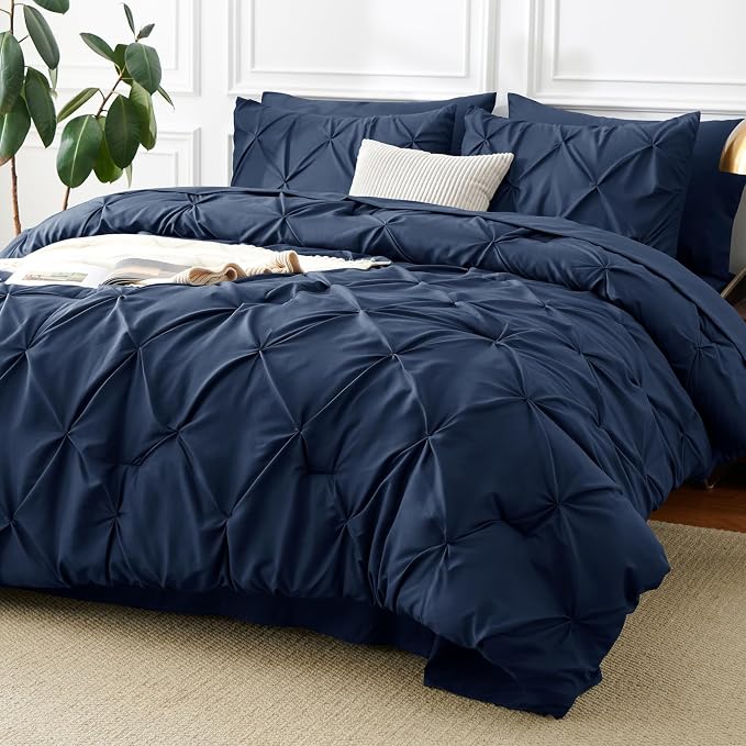 HIMEET Full Size Comforter Set Navy Blue - 7 Pieces Pintuck Bed in a Bag | OEKO-TEX Certified, 240GSM Down Alternative Comforter, 14" Deep Pocket Fitted Sheet + Flat Sheet + 2 Pillowcases + 2 Shams