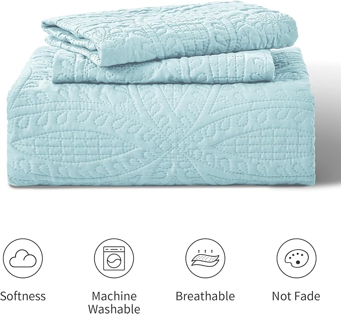 Love's cabin Quilts for Full Bed Spa-Blue Bedspreads Bedding Set - Lightweight Bedspread Comforter - Coin Pattern Bedding Coverlet for All Season - 3 Pieces (1 Quilt, 2 Pillow Shams)