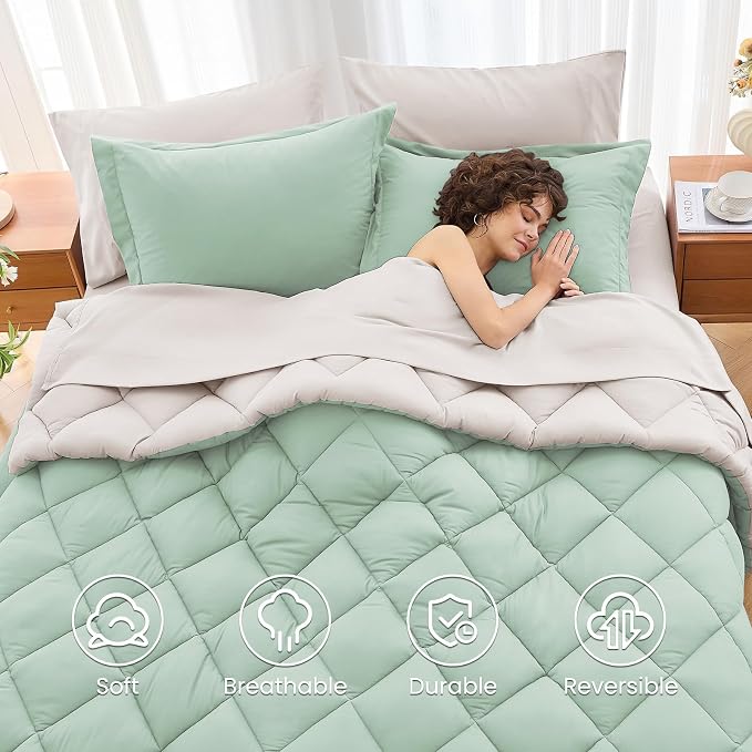 7 Pieces Queen Comforter Set, Reversible Bed in a Bag Queen Size, All Season Bedding Set with Comforter, Flat Sheet, Fitted Sheet, Pillowcases & Shams, Sage Green & Beige