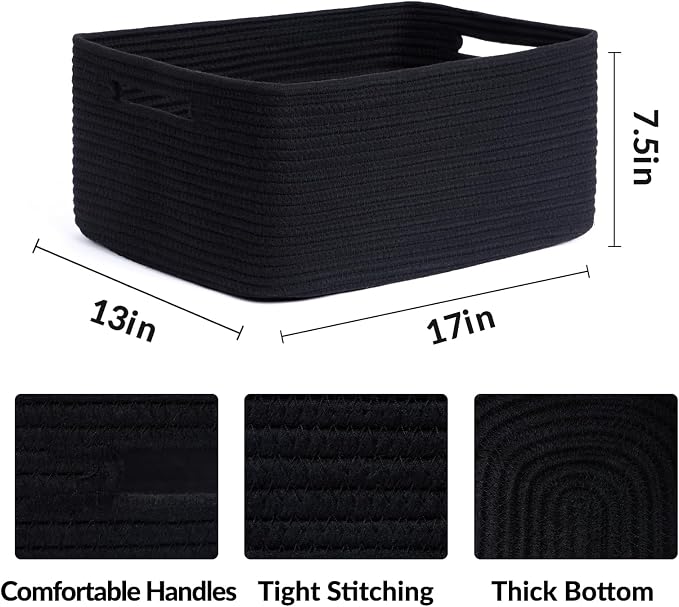 MiniArk Large Storage Baskets for Organizing, 17 x 13 x 7.5” Closet Shelf Baskets for Clothes Blanket Towels, Baby Nursery, Toy Bins Box, Woven Rope Baskets, 4 Packs Black