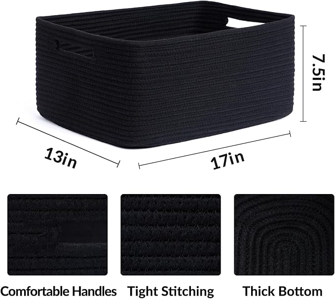 MiniArk Large Storage Baskets for Shelves, 17 x 13 x 7.5” Closet Organizers Bins for Clothes Blanket Towels, Baby Nursery, Toy Baskets Box, Woven Rope Baskets, 3 Packs Black