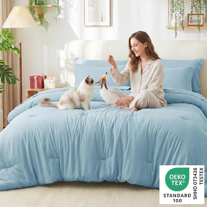 Queen Comforter Set Light Blue, 7 Pieces Bed in a Bag | OEKO-TEX Certified, All-Season, Bedroom, 240GSM Down Alternative Comforter, Flat & Fitted Sheets, 2 Pillowcases & 2 Shams