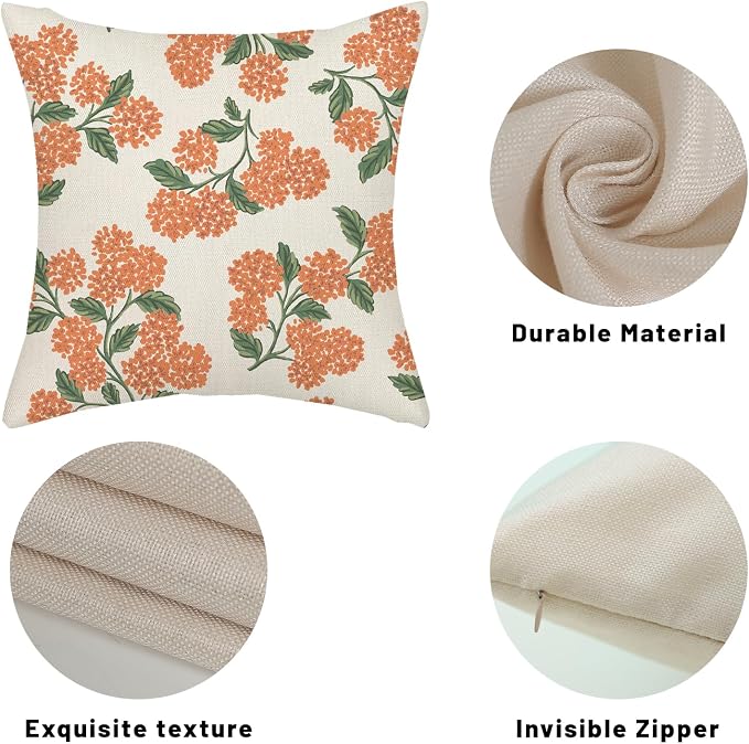 Fall Burnt Orange Pillow Covers 22x22 Inch 2 Pcs Green Hydrangea Flower Decor Throw Pillows Vintage Floral Seasonal Autumn Outdoor Decoration Pillowcase Linen Cushion Cover for Couch Sofa